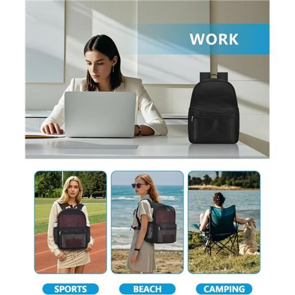 Lightweight Mesh Backpack See Through School College Travel Beach Sports Bag - Picture 6 of 7